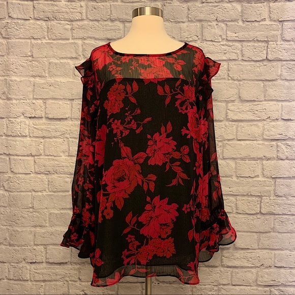 NWT Roz & Ali Floral Print Long Sleeve Blouse - Picture 1 of 13